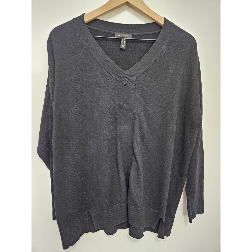 H by Halston Black V-Neck Cotton Blend Pullover Sweater A366502 Womens L